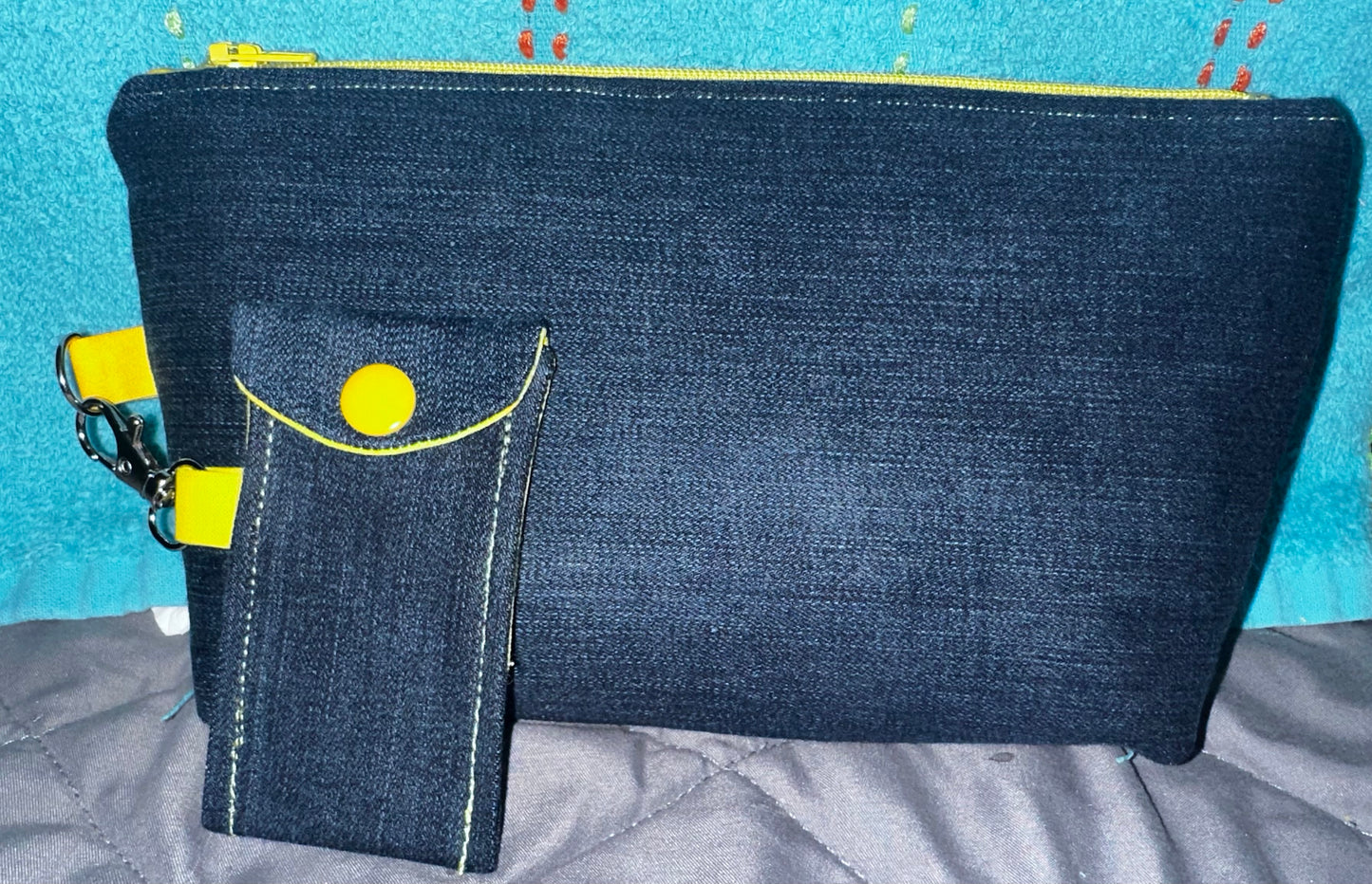 Makeup Bag and Matching Chapstick Holder Gift Set- Denim and Lemon