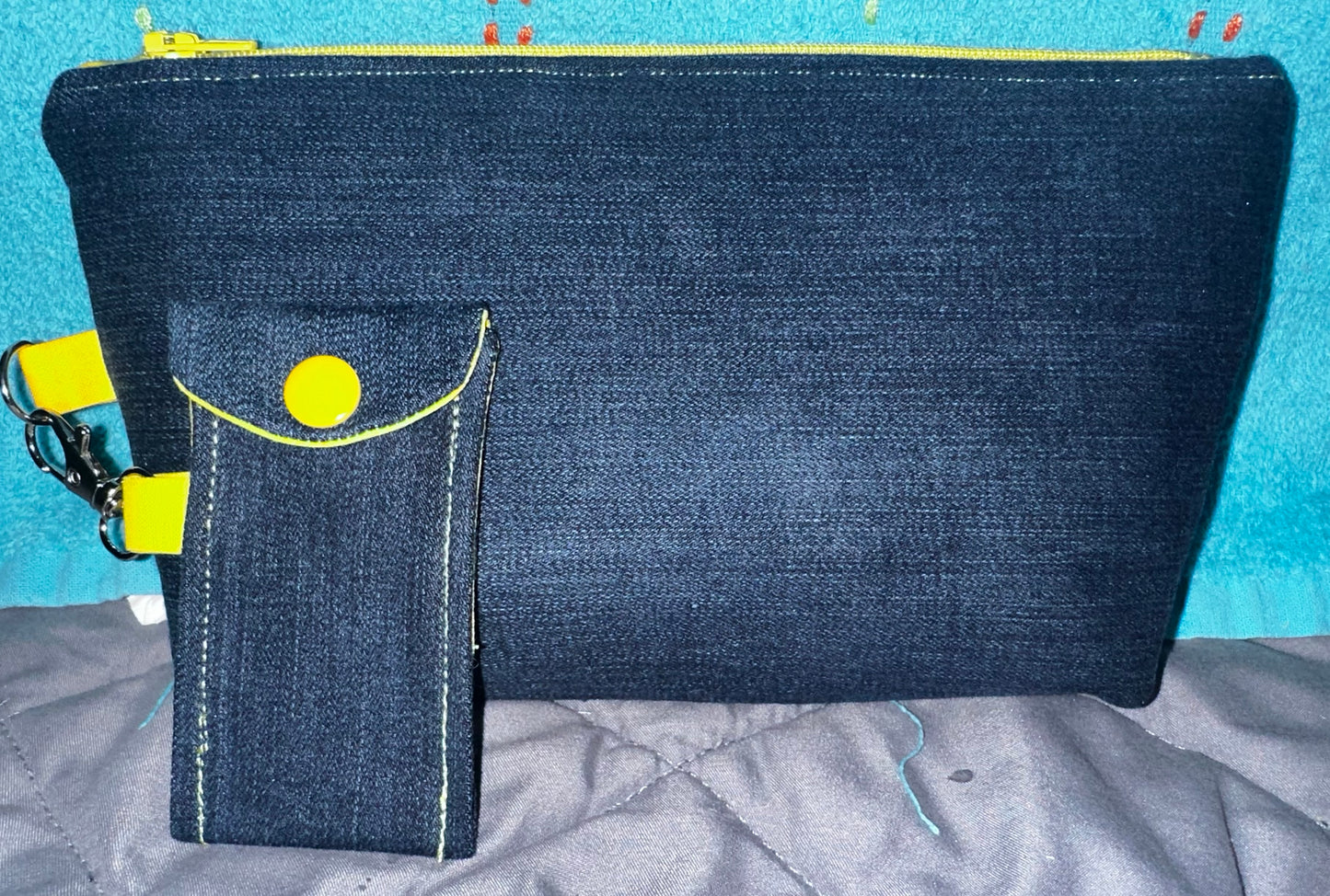 Makeup Bag and Matching Chapstick Holder Gift Set- Denim and Lemon