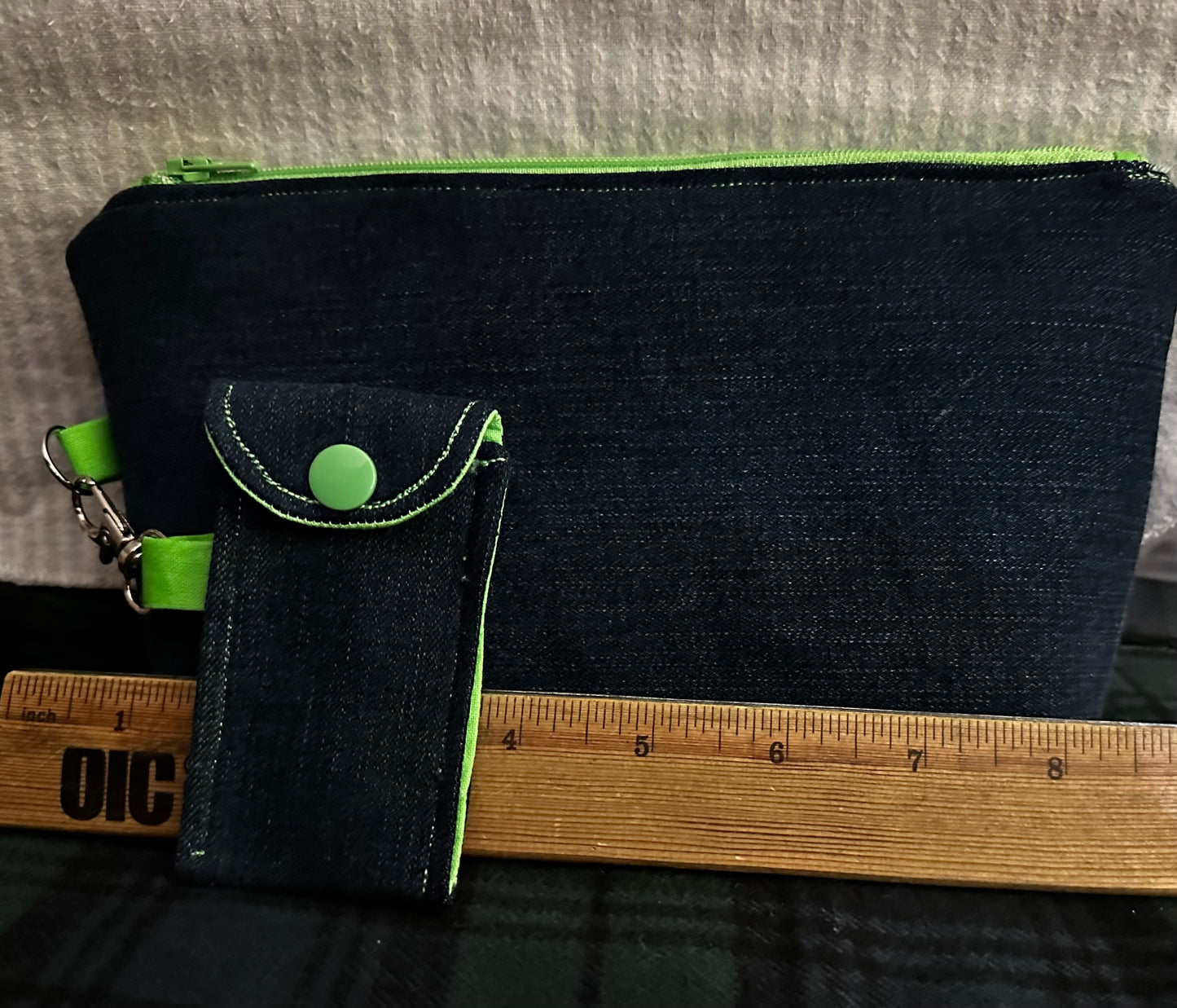 Makeup Bag and Matching Chapstick Holder Gift Set- Denim and Lime