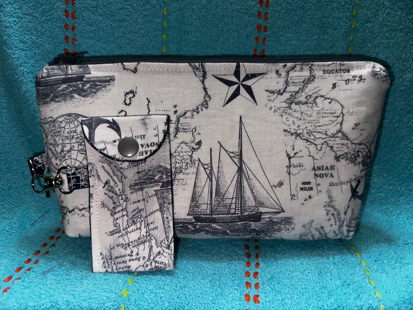 Navigation Print, cream and gray makeup bag and matching chapstick holder attached